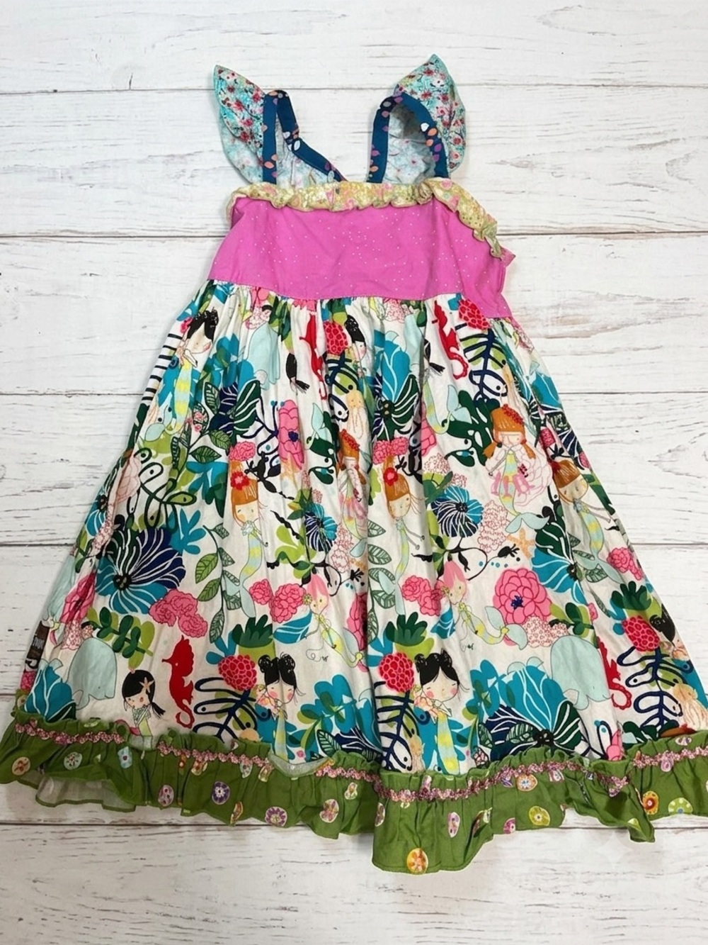 Matilda Jane Pink Bodice Floral Print‎ Sundress with Green Ruffle Hem size 8